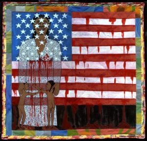 Faith Ringgold,The Flag is Bleeding #2 (American Collection #6), 1997 Acrylic on canvas, painted and pieced border 193 x 200.7 cm Private collection, courtesy Pi