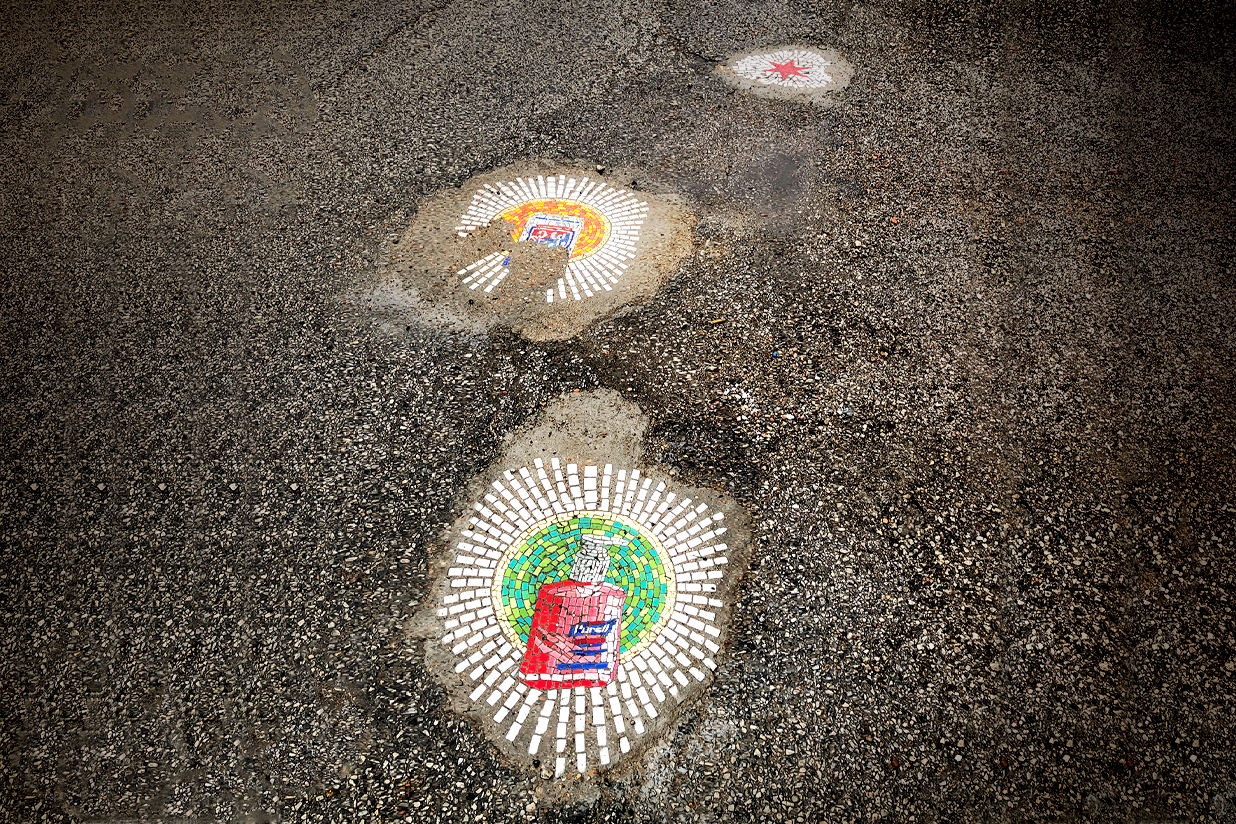 Jim Bachor and his pothole mosaic artwork looks at the absurdities that the Pandemic has brought out in humans - Scale Architectural and Design Magazine